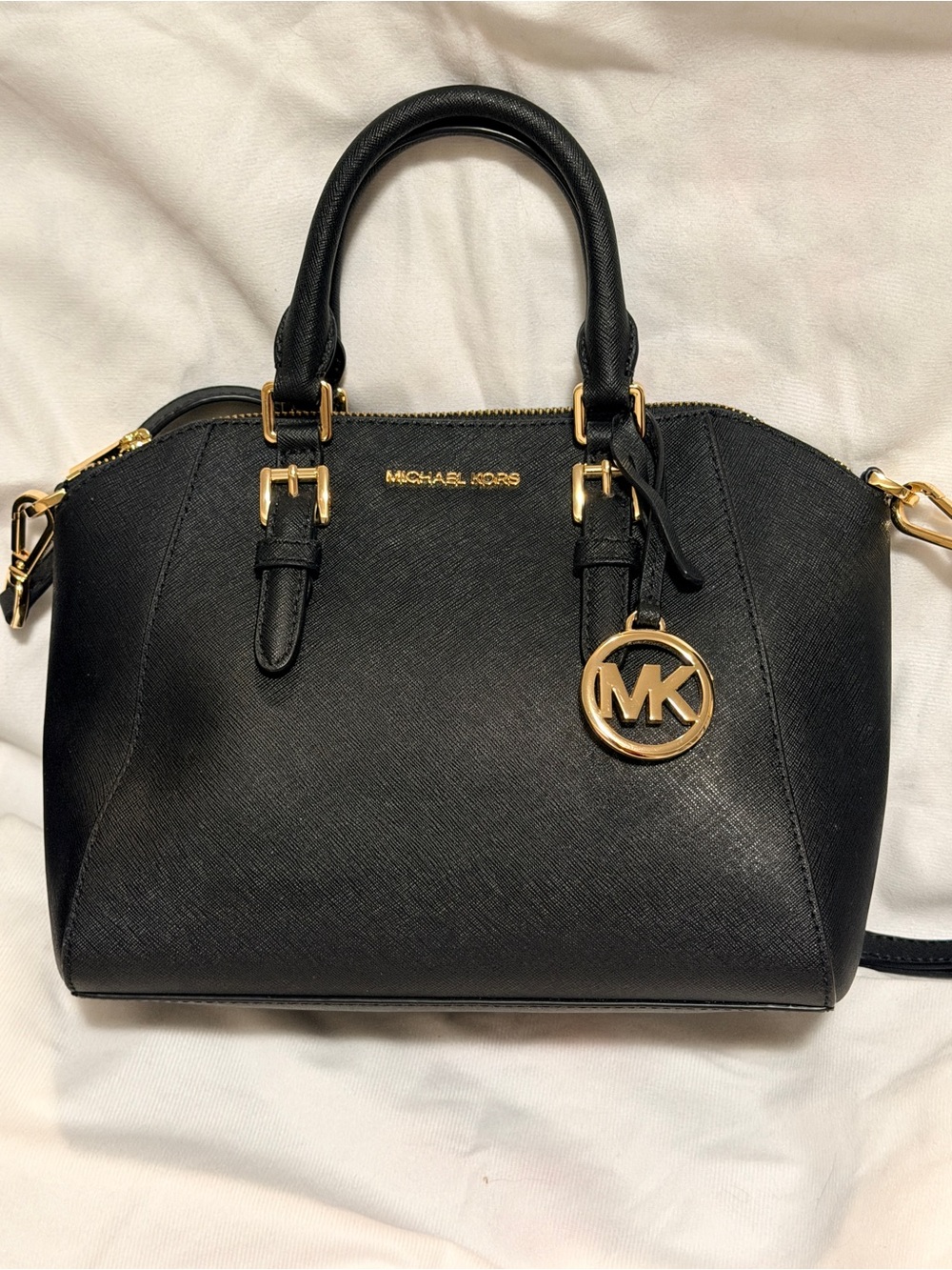 Michael Kors Black Leather Satchel with Gold MK Charm